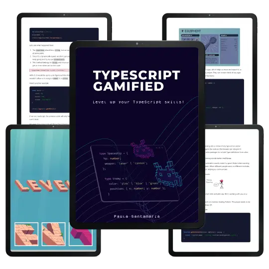 The cover of the book that says TypeScript Gamified: Level up your TypeScript skills!. At the bottom a terminal window with some TypeScript code and 2 aliens illustrated using a combination of isometric perspective and pixel art